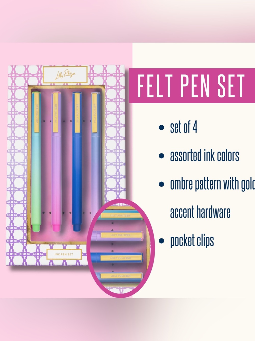 NWT Lilly Pulitzer Pastel Ombre Felt Pen Set - Pink, Purple, Blue, Green